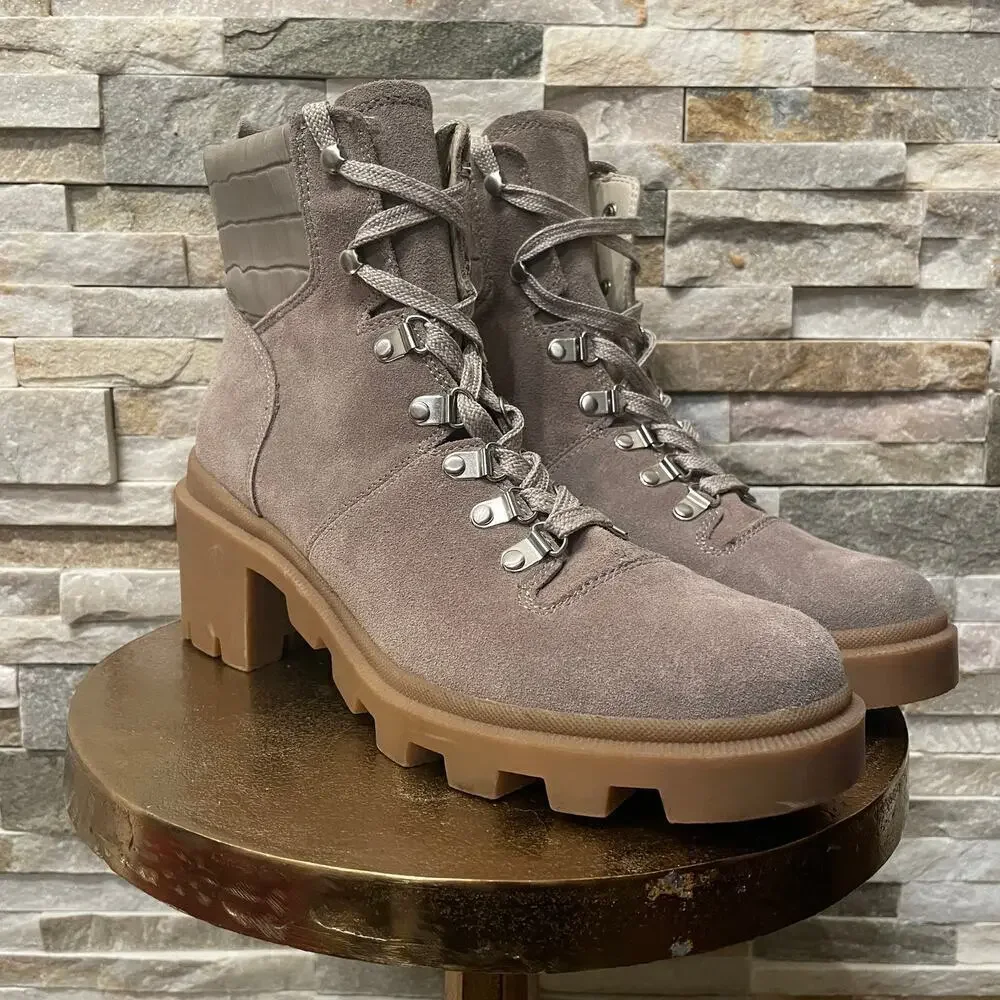 New Dolce Vita Rubi Lug Sole Combat Boots | Taupe Suede Croc Trim NWOB, 10